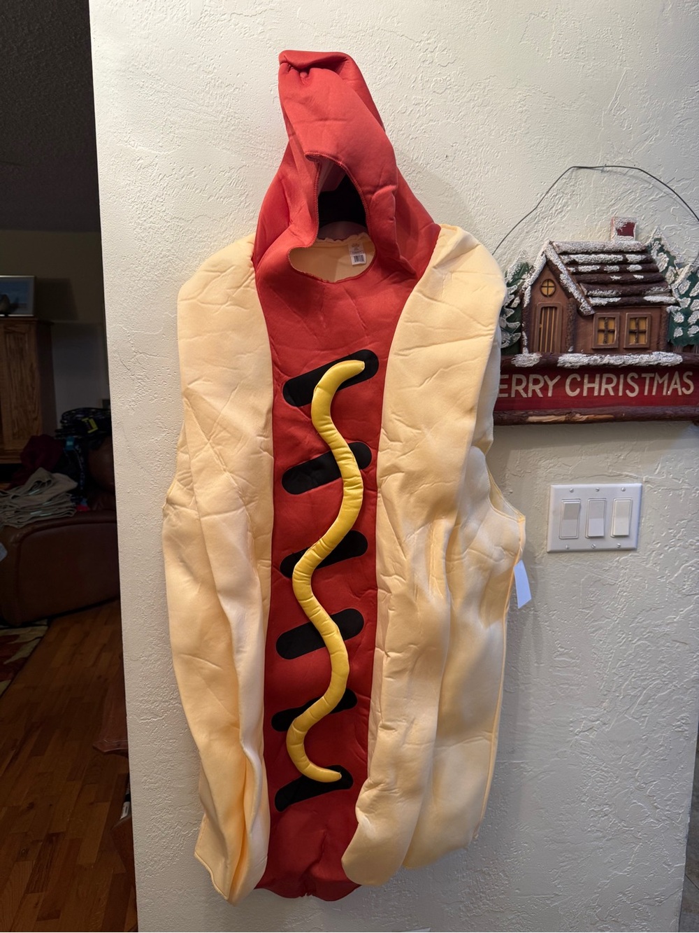 Men's Hot Dog Costume with Mustard Detail - Red & Cream Sz M NEW